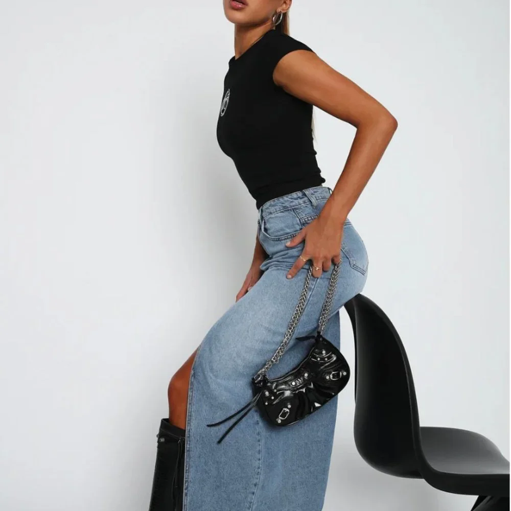 White Fox Boutique Take My Picture Denim Maxi Skirt – Blue Wash - Picture 3 of 10